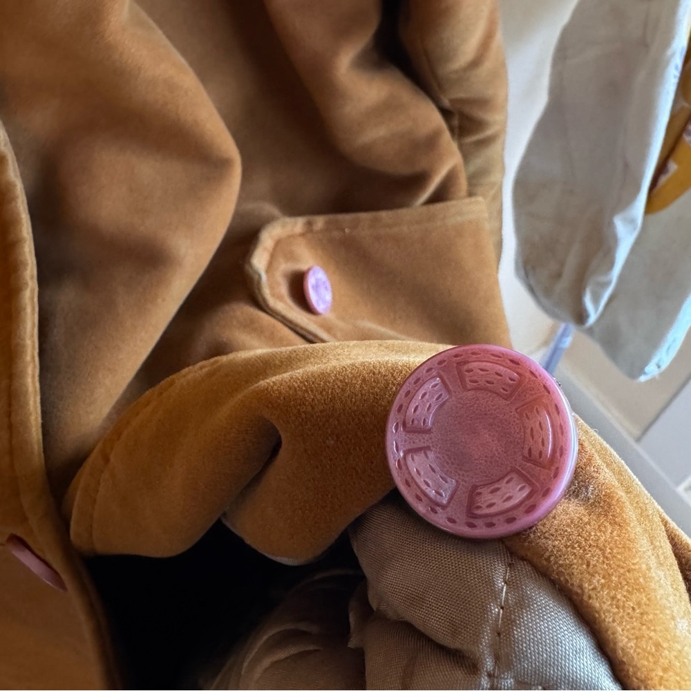 Irving Posluns Brown Suede Leather Coat Jacket Women’s Large Vintage Pink Button - Picture 10 of 10